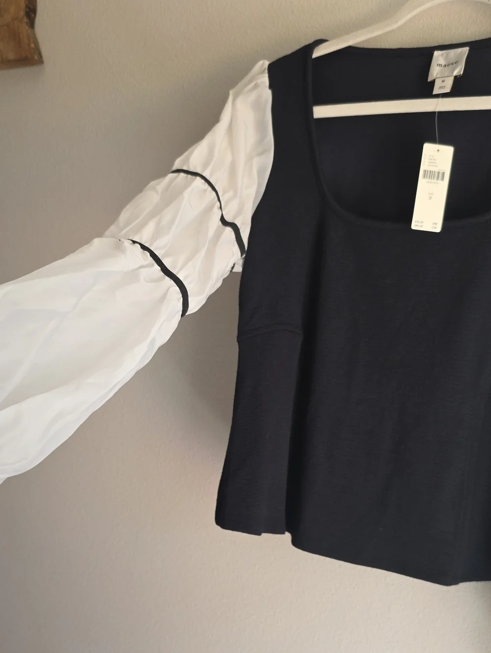 Anthropologie Black  Top with White Puff Sleeves